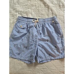 Men’s Polo Ralph Lauren Blue Gingham Anchor Nautical Embroidery Swim Trunks L